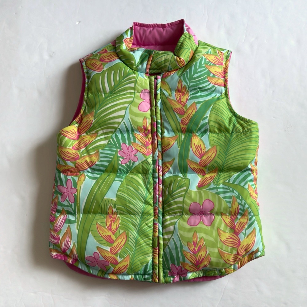 Lilly Pulitzer Floral Reversible Down Puffer Vest Girls 6X Pink Tropical Preppy
